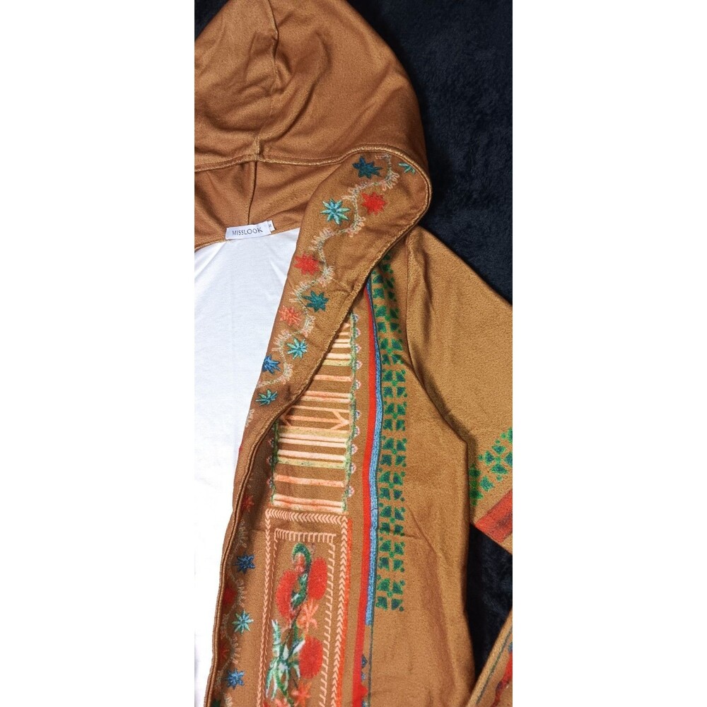 Misslook Hooded Open Front Longline Cardigan Duster Jacket S Boho Festival Folk - Picture 4 of 13